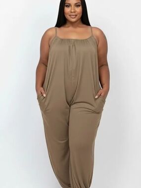 Plus-Size Taupe Spaghetti-Strap Jumpsuit